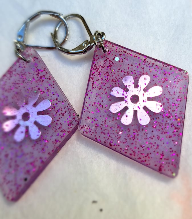 Resin earrings green, purple, red, black, glitter and sequins