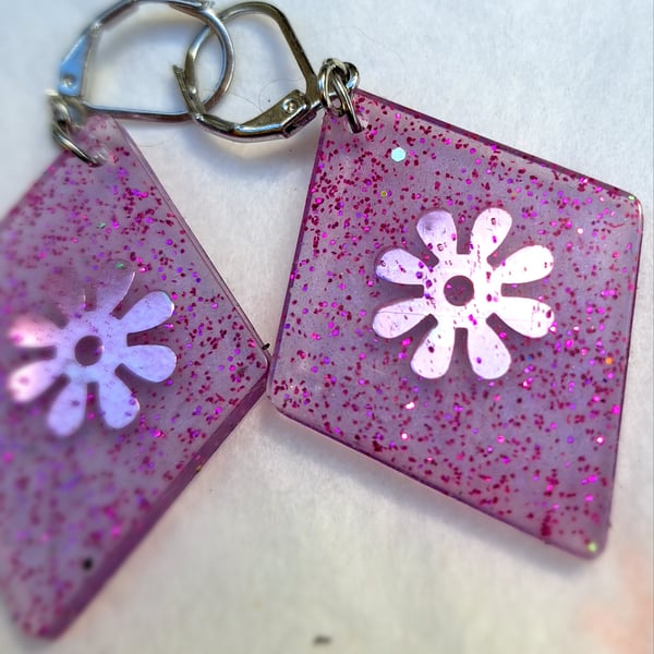 Resin earrings green, purple, red, black, glitter and sequins