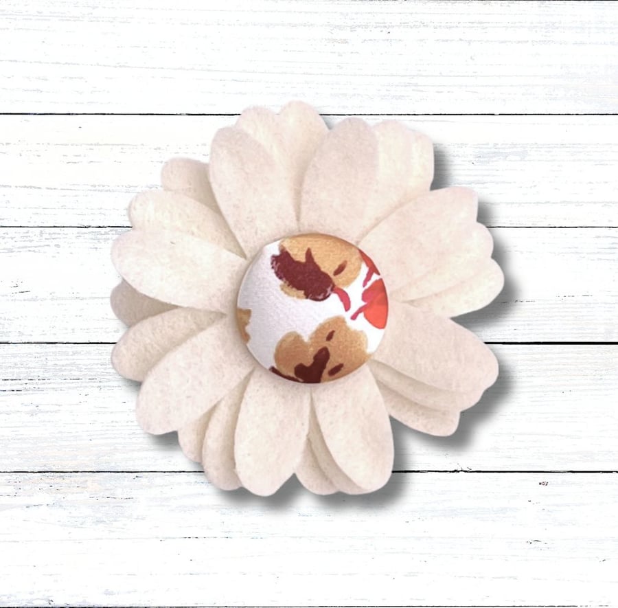 Handmade Felt Cream Flower Brooch with Fabric Button Centre, Christmas Gift