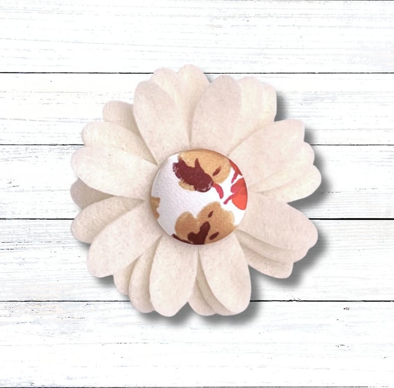 Handmade Felt Cream Flower Brooch with Fabric Button Centre, Christmas Gift
