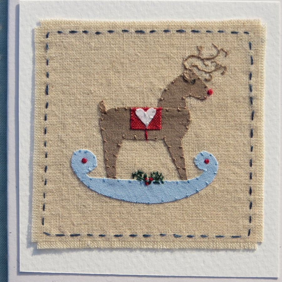 Rocking Rudolph! hand-stitched mini textile on card guaranteed to bring a smile!