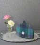 Harris Tweed small tea cosy green and purple two cup fabric teapot cover 