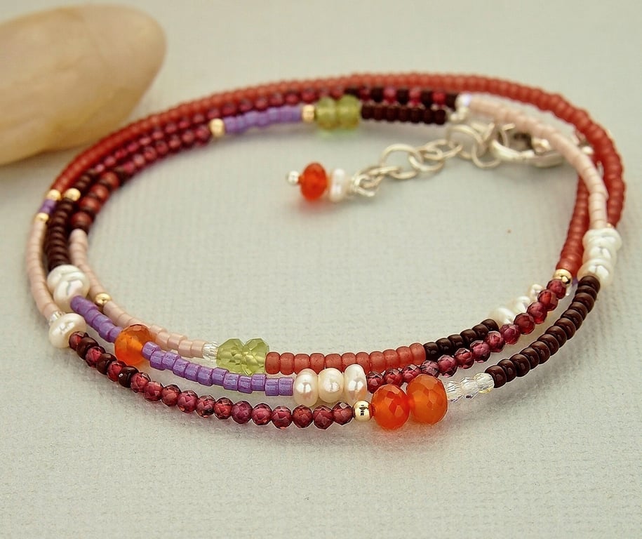 Gemstone Wrap Bracelet - Necklace - Sterling Silver - Autumn Leaves