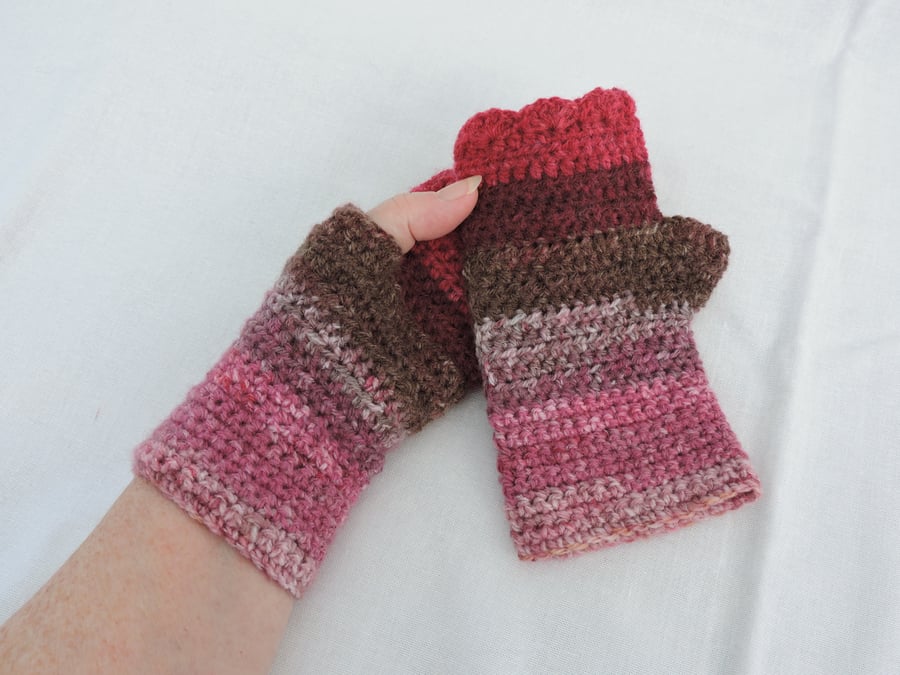 Sale Crochet Fingerless Mitts Pink Brown Ruby Red
