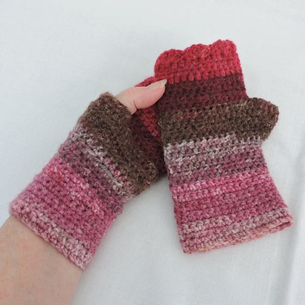 Sale Crochet Fingerless Mitts Pink Brown Ruby Red