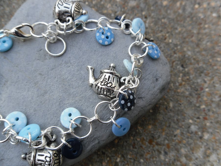 Blue Button Bracelet With Teapots