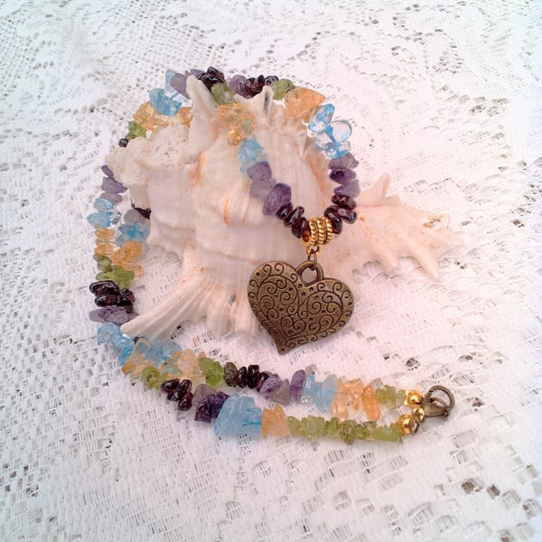 Mixed Gemstone Chip Bead Necklace with a Bronze Heart Charm, Gift for Her