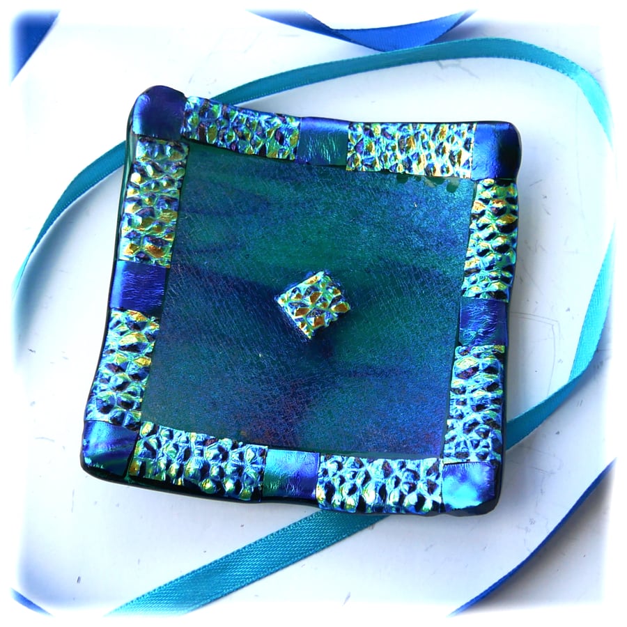 Dichroic Fused Glass Trinket Dish 8cm Emerald Navy Streaks