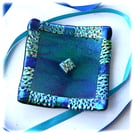 Dichroic Fused Glass Trinket Dish 8cm Emerald Navy Streaks