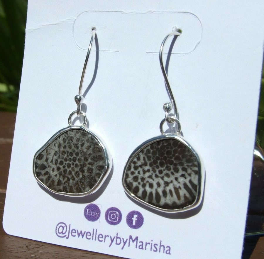 Black Fossil Coral Earrings Fine & Recycled Silver Jewellery Gift Drop Dangle