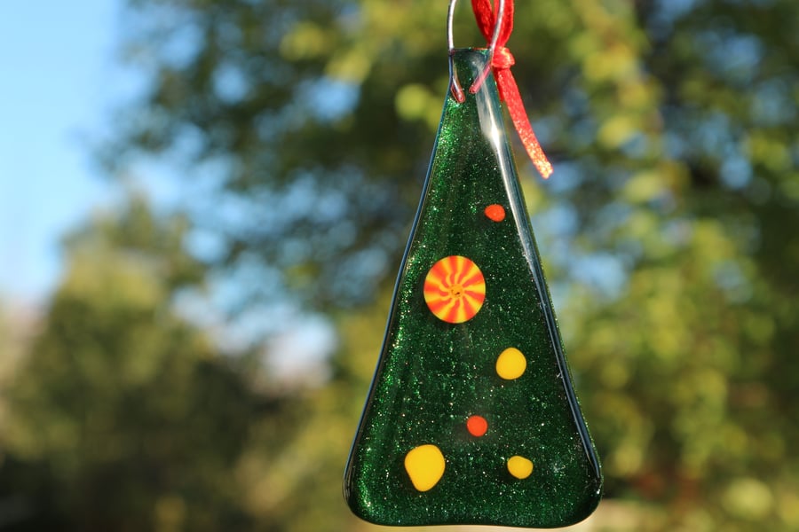 Fused glass Christmas tree decorations - hot colours