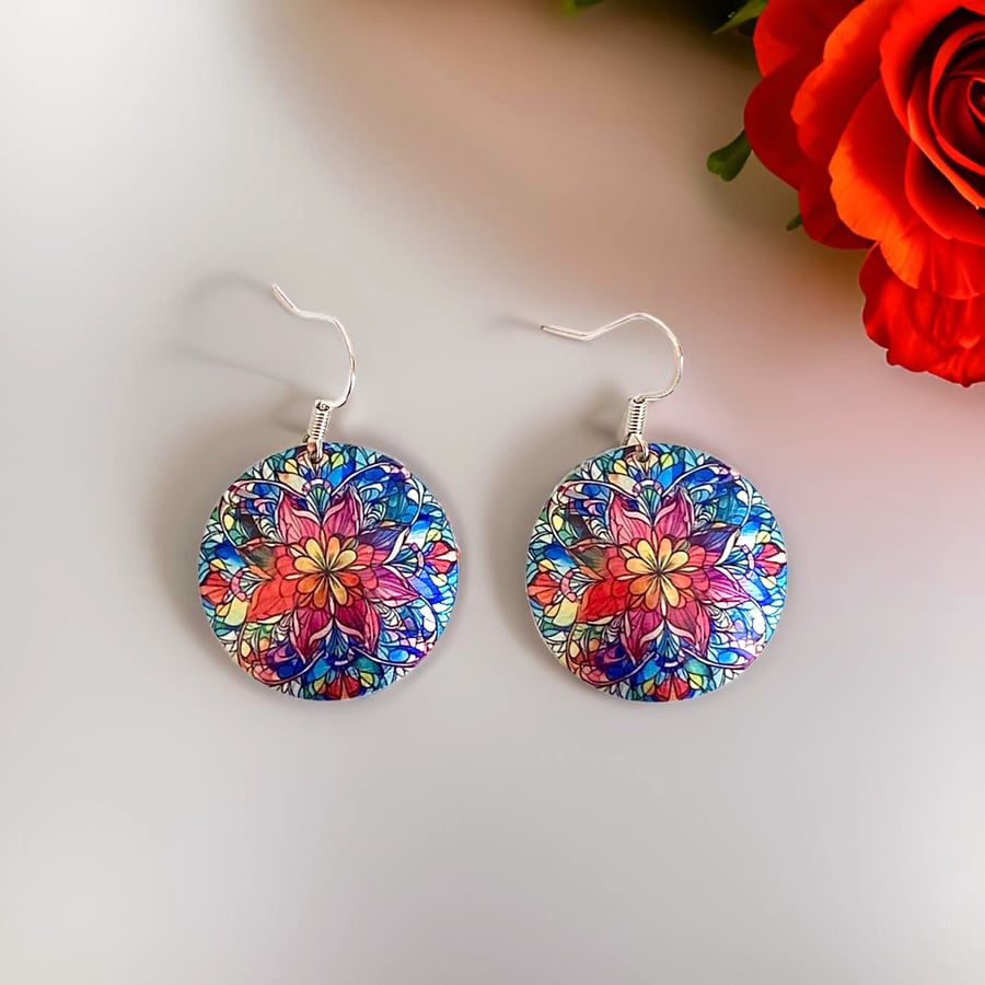 Mandala drop earrings, red blue 25mm discs, sterling silver ear wires (M11)