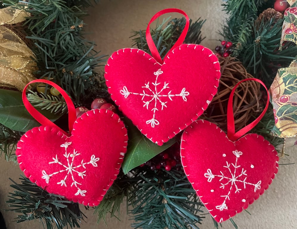 3 Red embroidered felt hearts 