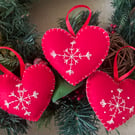 3 Red embroidered felt hearts 