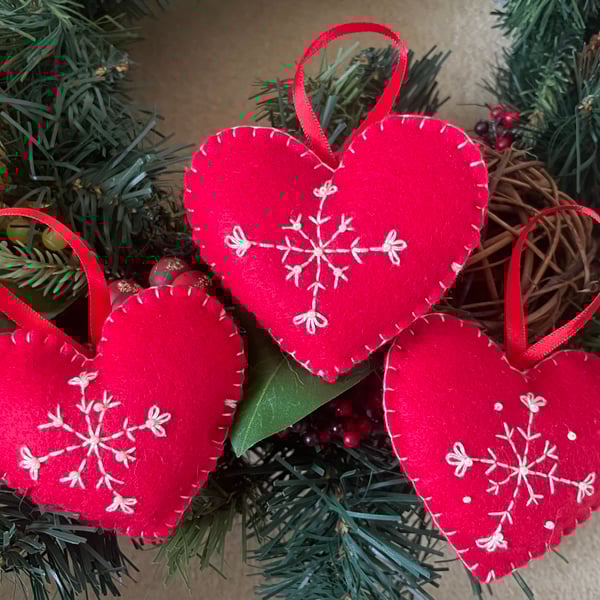 3 Red embroidered felt hearts 