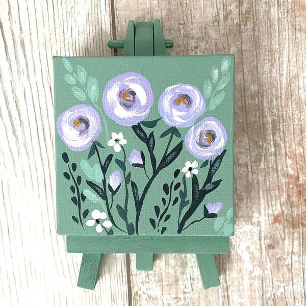 Hand-Painted Floral Painting on Mini Canvas Easel: Green & Lilac Flower Art