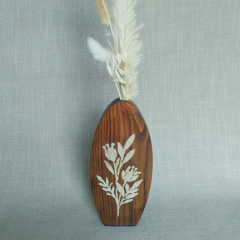 Hand Painted Wooden Vase Upcycled Dark Stained Stenciled Vase with Dried Flowers