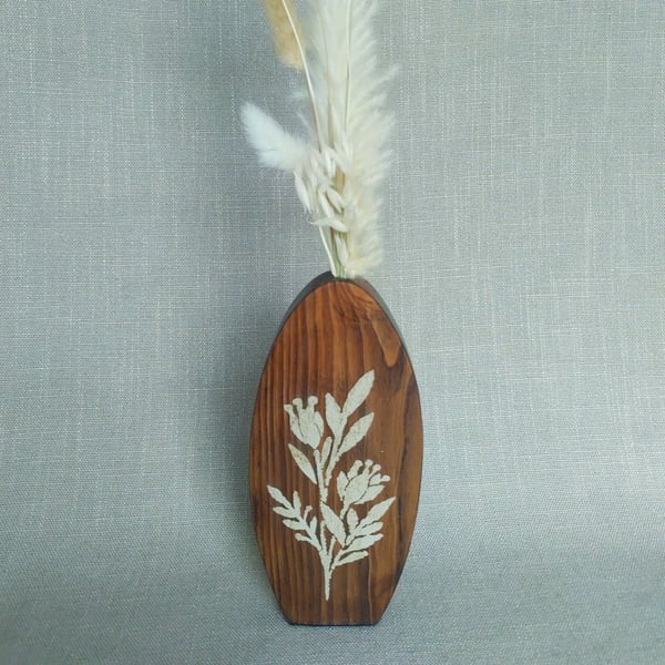 Hand Painted Wooden Vase Upcycled Dark Stained Stenciled Vase with Dried Flowers