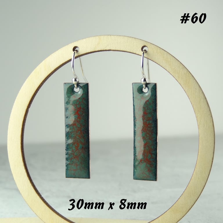 Green orange glass enamelled copper drop earrings 30 x 8mm sterling silver wires