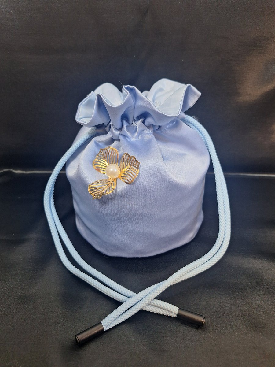 Baby blue Duchess satin drawstring pouch, Potli bag with beaded detail trim