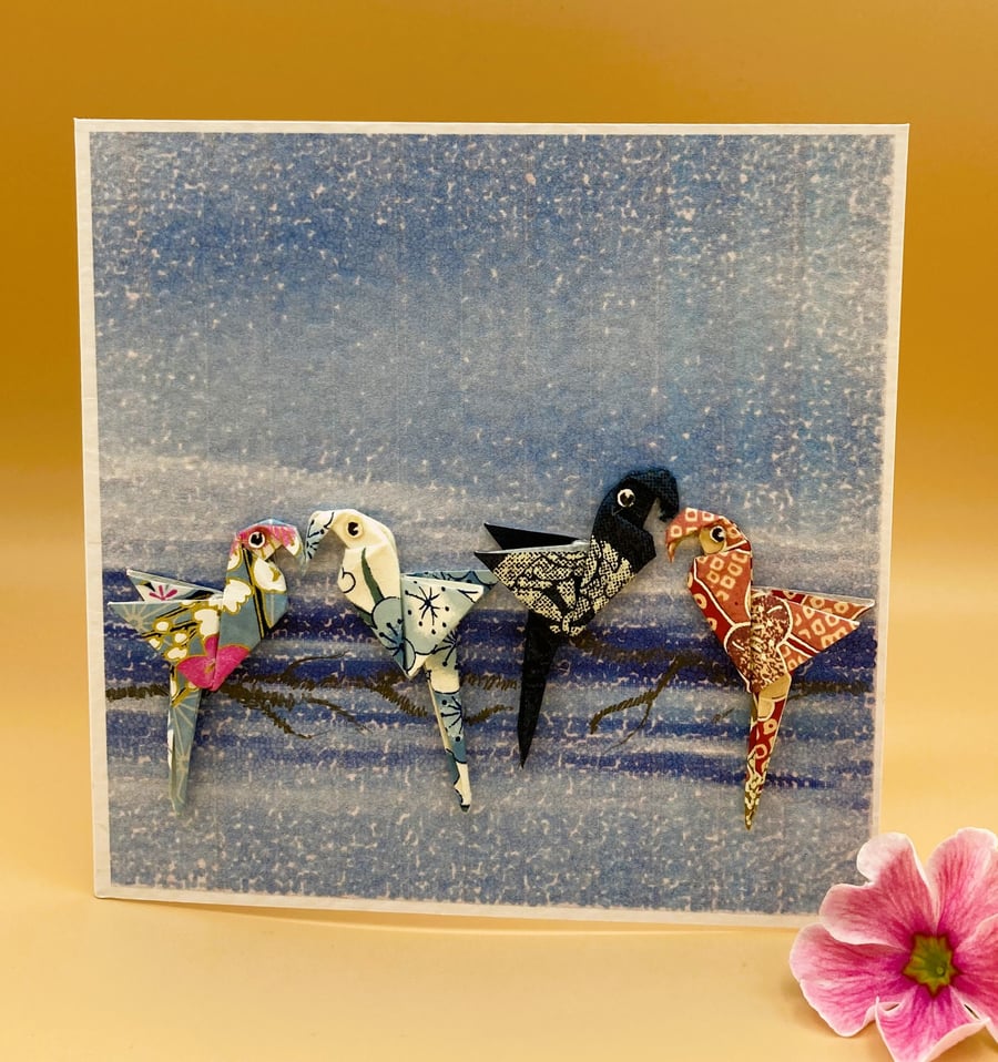 4 Hand Folded Origami Parrots on blue background, OOAK original Greetings Card  