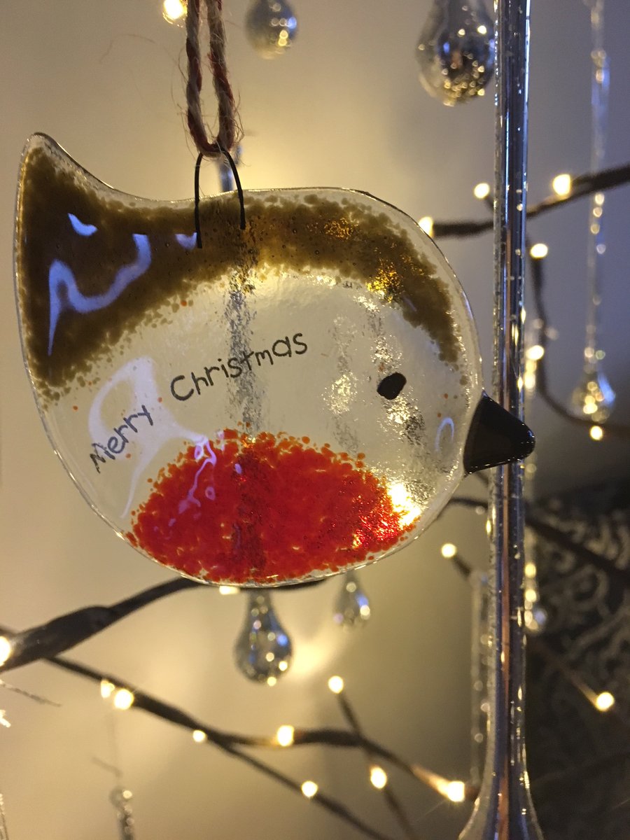 Handmade Fused Glass Merry Christmas Robin Christmas Decoration