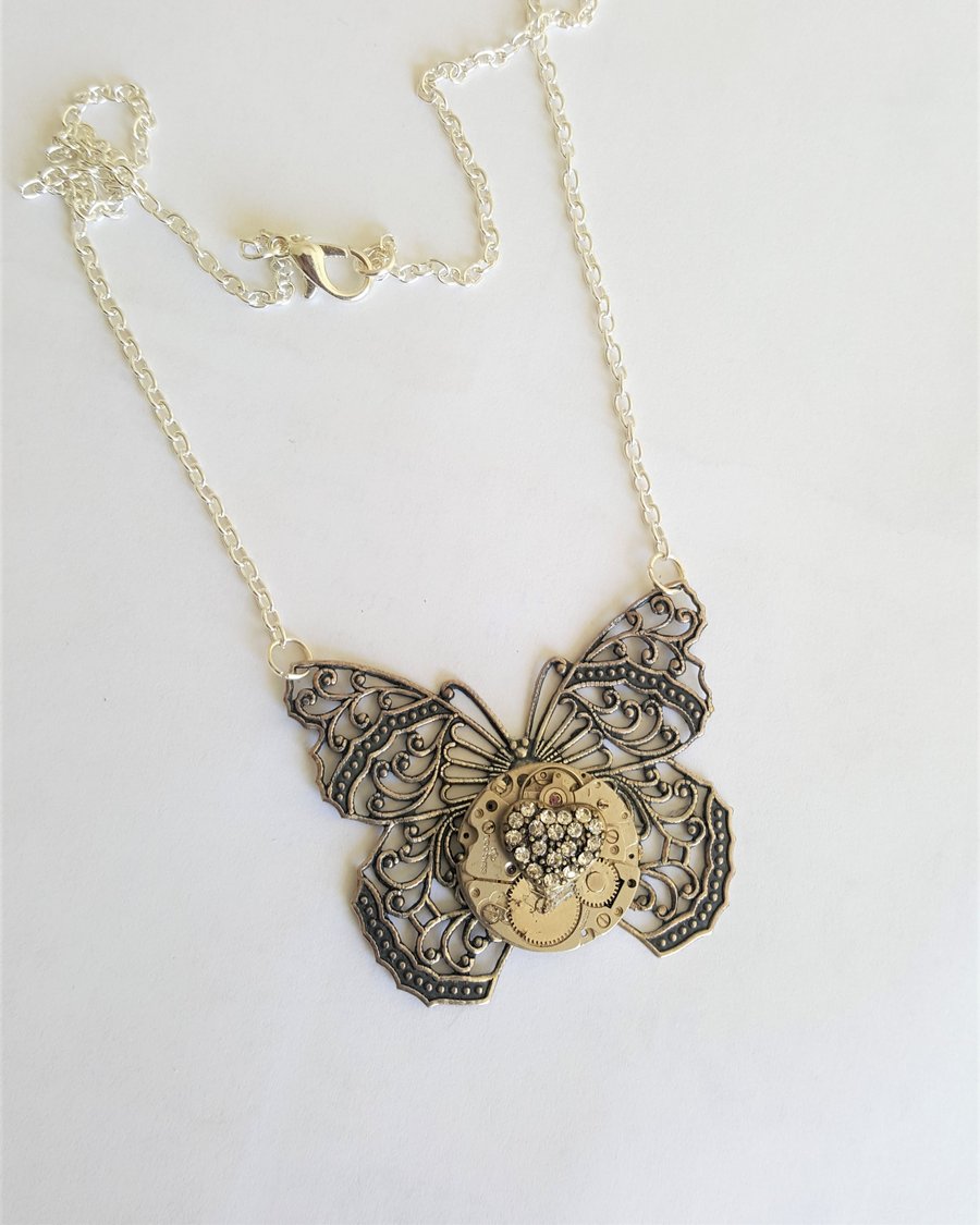 Steampunk Time Flies Butterfly Necklace