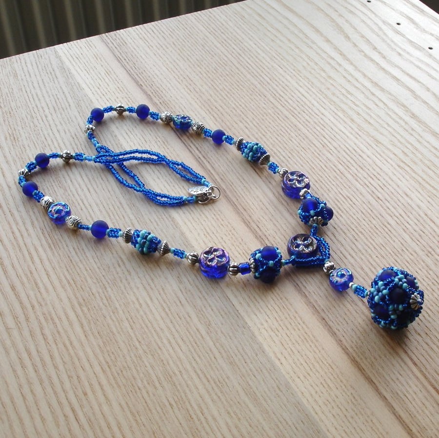 Blue and Silver Beaded Necklace