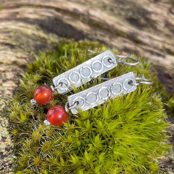 Oxidised sterling silver and carnelian drop earrings