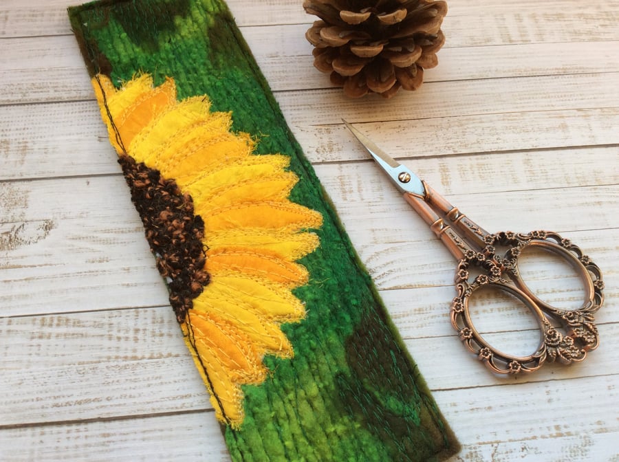 Embroidered up-cycled sunflower bookmark. 