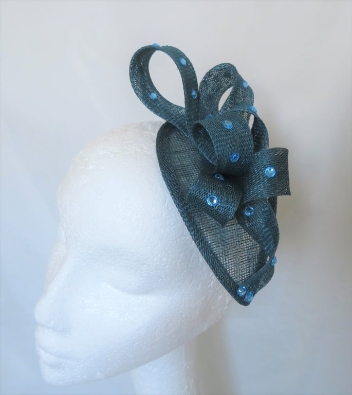 Teal Blue Sinamay Loop & Crystal Fascinator Mini Cocktail Hat 