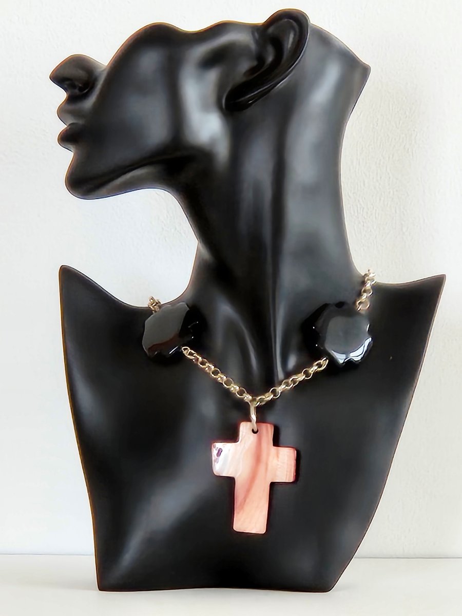 Handcrafted pink shell cross necklace