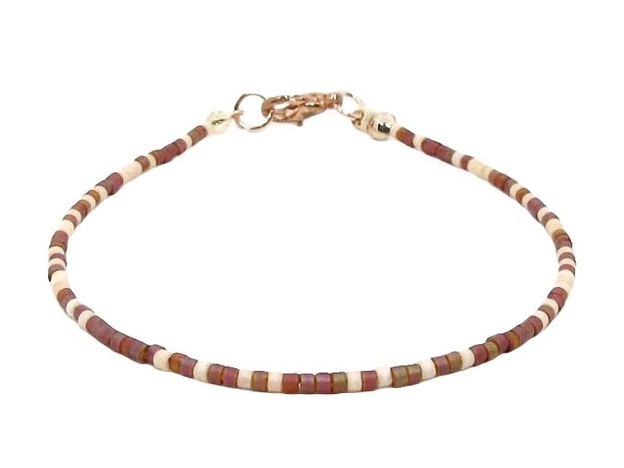 Rainbow Brown & Peach Seed Bead Stacking Anklet - Boho Fashion Anklet - 9" - 14"