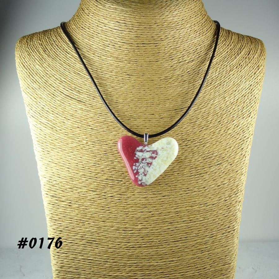 Pink cream handcrafted fused glass heart pendant on a black leather cord (0176)