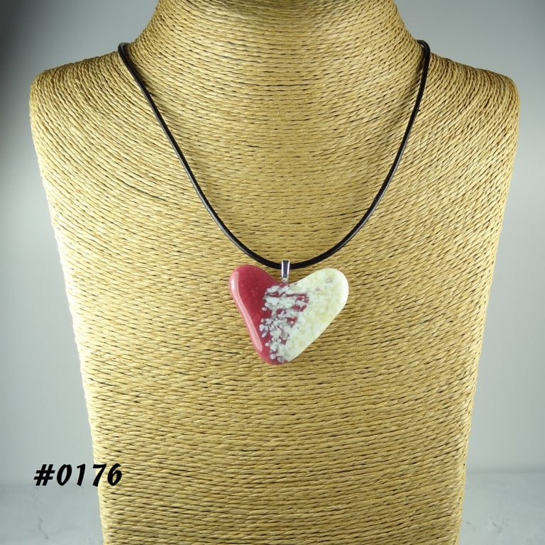Pink cream handcrafted fused glass heart pendant on a black leather cord (0176)