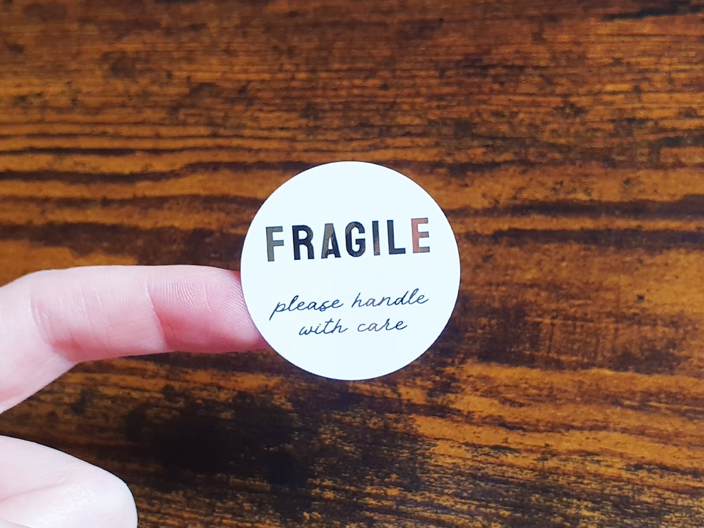 35 x Real Foil Fragile Handle With Care Stickers -  Small Business Supplies