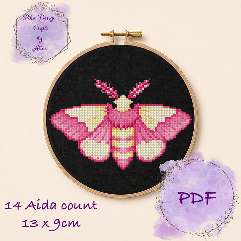 Rosy Maple Moth counted cross stitch pattern emailed pdf