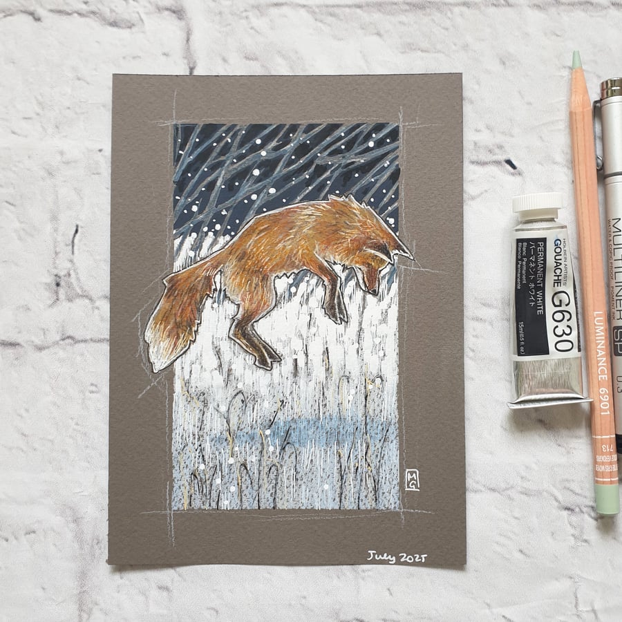 Red Fox Winter Hunting original artwork, small drawing, wildlife illustration