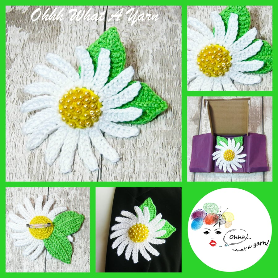 Crochet daisy brooch, crochet daisy corsage, flower brooch