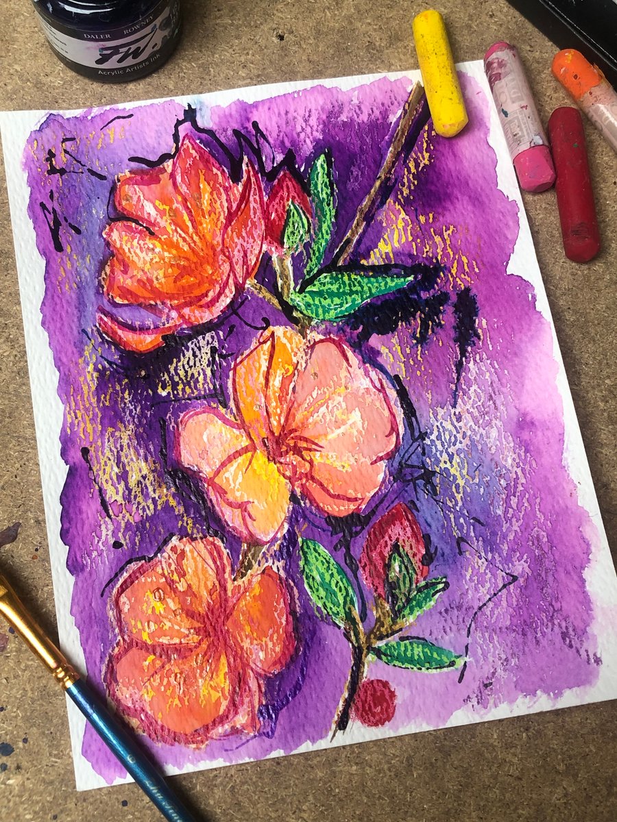 Colourful Floral Original Mixed Media Artwork on Watercolour Paper, A5 6x7.5"  