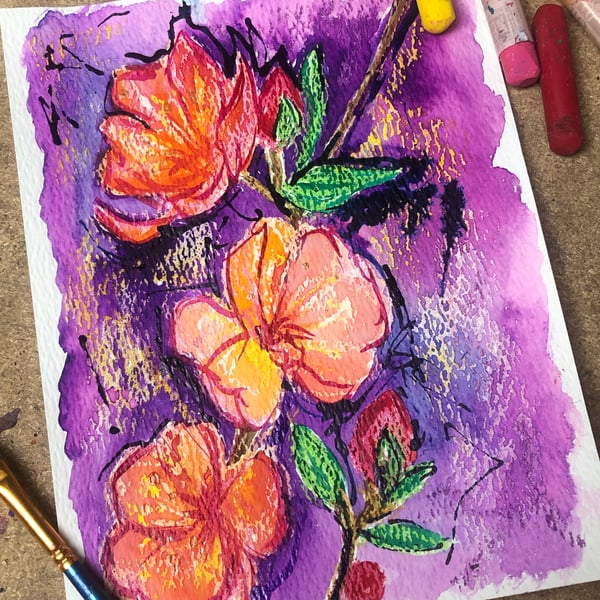 Colourful Floral Original Mixed Media Artwork on Watercolour Paper, A5 6x7.5"  