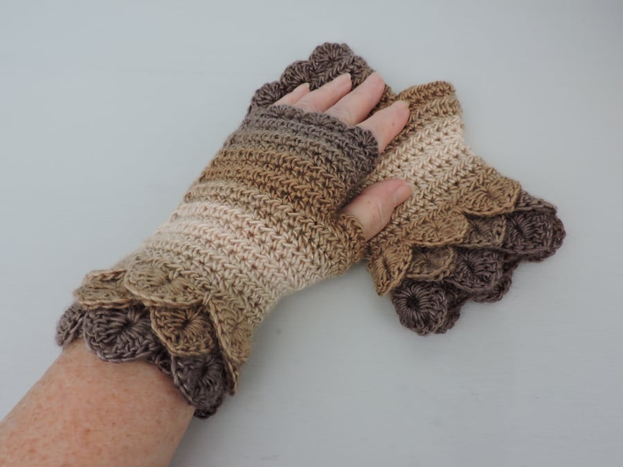 Dragon Scale Cuff Fingerless Mitts for Adults  Coffee Cream Brown