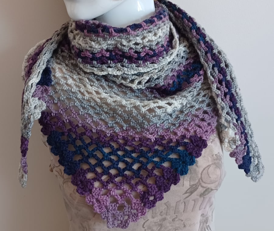 Crochet Wrap Shawl In Purple Blue Grey And Cream (J121)