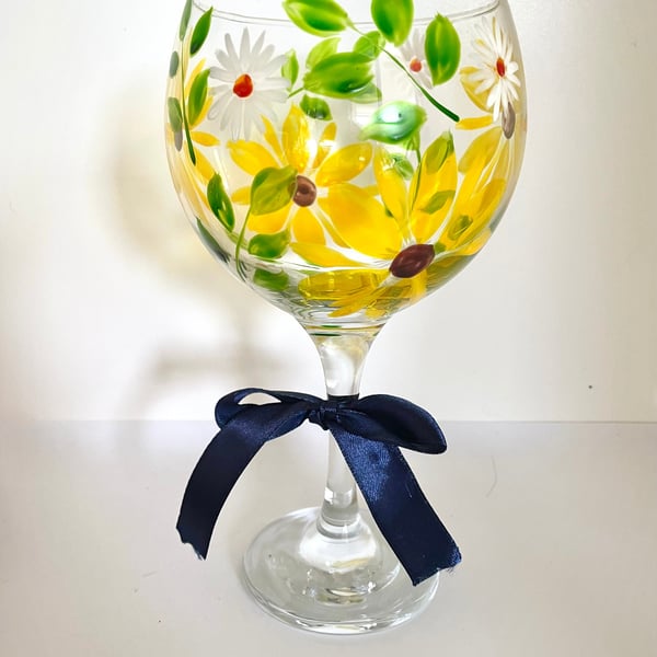 Hand Painted Gin Glass with Sunflowers and Daisies. Cocktail Glass