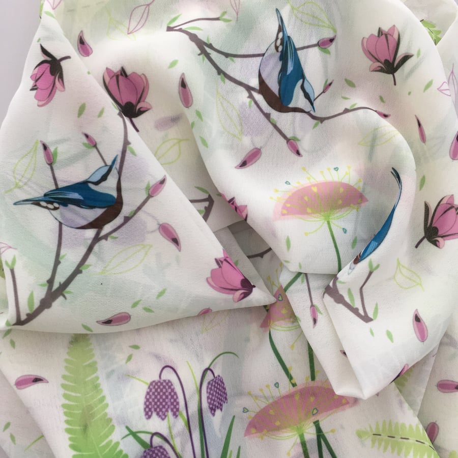 Handprinted chiffon scarf Nuthatches & Magnolias
