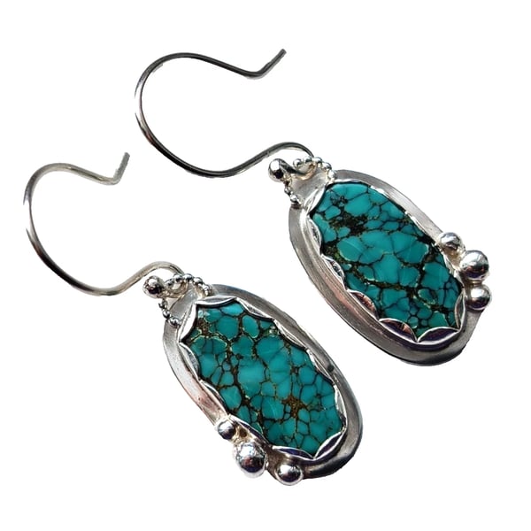 Turquoise Earrings Sterling Silver Jewellery Gift Oval Tibetan Gemstone