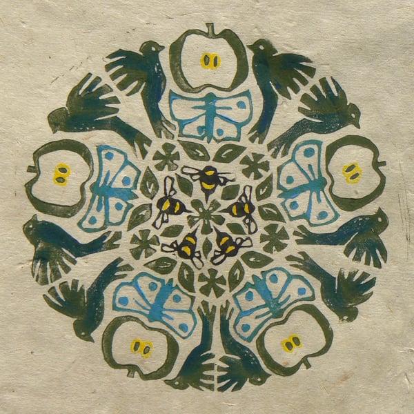 Mandala 2, Apples and Bees linocut print