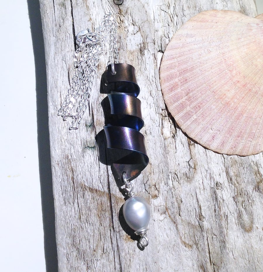  Handmade Coloured Titanium and Freshwater Pearl Spiral Pendant  - UK Free Post