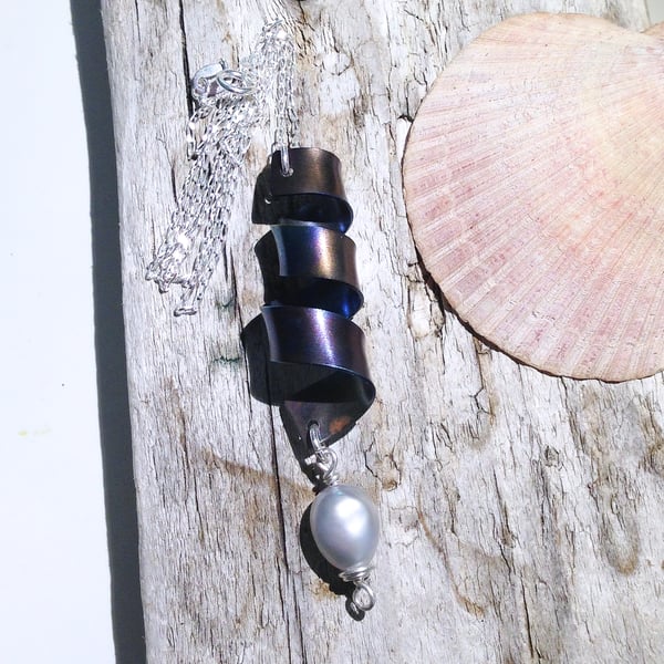  Handmade Coloured Titanium and Freshwater Pearl Spiral Pendant  - UK Free Post