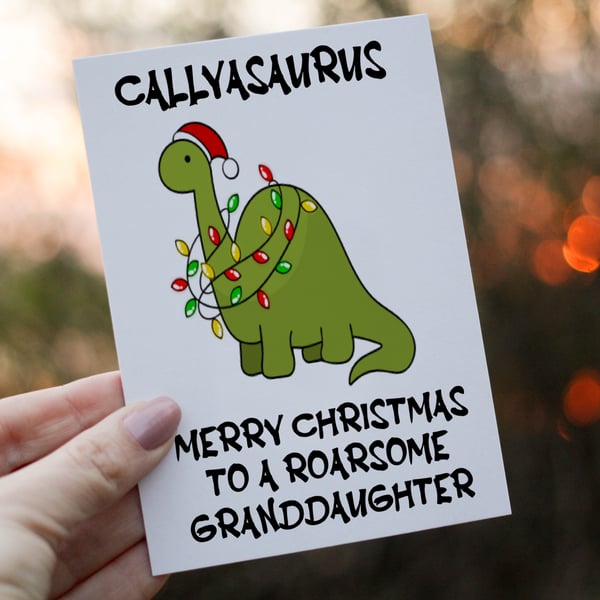 Grandaughter Dinosaur Christmas Card, Dinosaur Christmas Card, Personalized Card